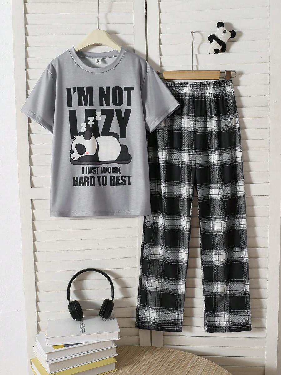 2pcs/Set Tween Boys Casual Slouchy Panda Print Short Sleeve Top & Plaid Long Pants Comfortable Pajamas Set - Grey - View 1
