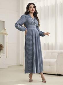 Modelyn Váy dài tay bồng xếp ly cổ chữ V thanh lịch cho nữ - Màu xanh bụi bặm - Xem 7
