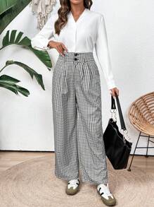 SHEIN Clasi Calça estilo Boho Xadrez Preto e Branco, Para Festival de Música e Country, Feminina - Preto - Visão 5