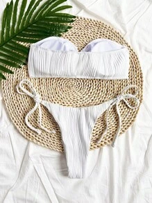 Soleia Women's White Knitted Jacquard Texture Bandeau Bikini Set,Summer Casual Pool Party Vacation Holiday Swimwear,Minimalist Top And Bottom Swim Suits - White - View 2