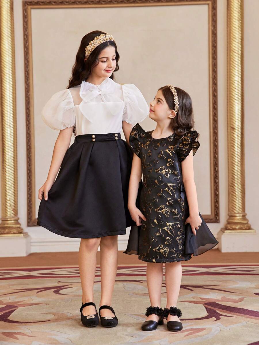 SHEIN Tween Girl 欧根纱白色短袖衬衫，带蝴蝶结装饰，适合派对和场合穿着 - 粉色 - 查看 1