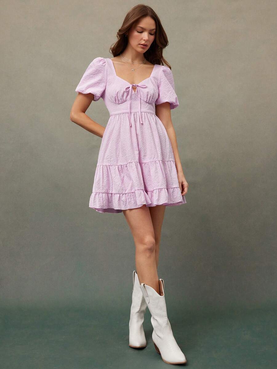 WESTFADE 可爱短款泡泡袖系带蝴蝶结层叠荷叶边迷你连衣裙节日