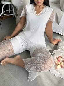 Elegant Sexy White Lace Patchwork Women's Sleepwear Set