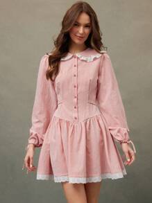 WESTFADE Spring Cowgirl Western Gingham Checkered Plaid Ruffle Lace Collar Puff Sleeve Bow Back Mini Dress - Red and White - View 3