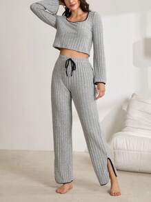 Contrast Color Striped Knit Casual Women Home Suit - Grey - View 4