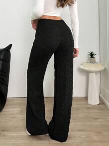 SHEIN Tall Cable Knit Wide Leg Sweater Pants, Casual Everyday Style - Black - View 2
