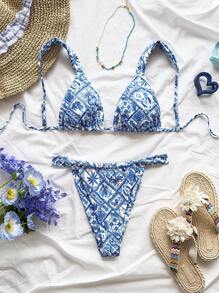 Soleia Conjunto de bikini con parches florales para mujer, en tono azul, para usar de vacaciones - Multicolor - Ver 3