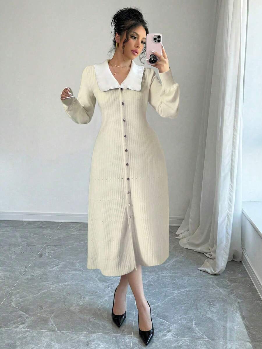 SHEIN Unity 全新设计淑女花卉拼接色块中长款收腰泡泡袖修身针织毛衣连衣裙 - 杏色 - 查看 1