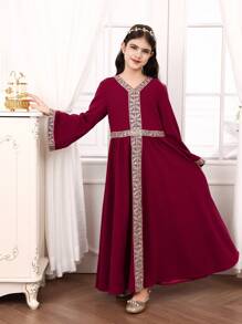 SHEIN Tween Girl Purple Long Sleeve Dress With Golden Trim & Ribbon Decor, Elegant For Occasions, Suitable For Holidays, Parties, Ramadan, Spring/Summer