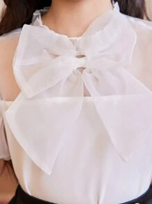 SHEIN Tween Girl 欧根纱白色短袖衬衫，带蝴蝶结装饰，适合派对和场合穿着 - 粉色 - 查看 3