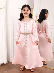 SHEIN Vestido de fiesta de manga larga de satén para niña, elegante en color rosa
