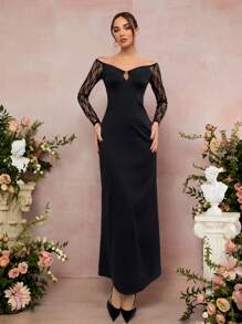 Aloruh Ladies Autumn And Winter New Pure Black Retro Sexy Romantic Lace Splicing Deep V Neck Hollow Super Long A-Line Elegant Party Dress, Valentine's Day, Ladies Dress, Elegant Dress, Valentine's Day, Ladies Birthday Dress, Ladies Black Dress