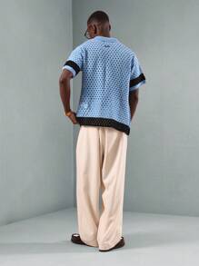 SUMWON Crochet Knit Polo Shirt Summer Beach Casual Retro Pattern Block Design Vintage Style Button Front Streetwear Resort Wear Vacation Ready Fashionable