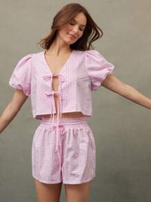 WESTFADE Cowgirl Gingham Checkered Plaid V Neck Bow Front Short Puff Sleeve Lounge Crop Top Spring Break Vacation - Pink - View 6