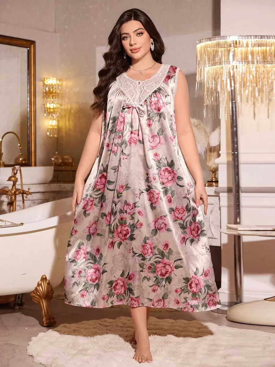 LuxeNights Plus Size Floral Lace Patchwork Design Satin Look Nightgown - Multicolor - View 1