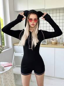 SHEIN Bộ đồ liền thân dệt kim màu tương phản có mũ trùm đầu phía trước hở tai thoải mái cho bé gái tuổi mới lớn - màu đen - Xem 6
