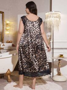 Embroidered Lace Patchwork Design Leopard Print Plus Size Faux Silk Long Dress - Multicolor - View 2