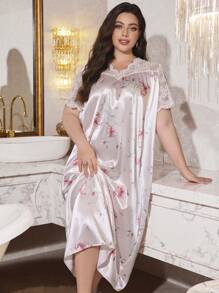 LuxeNights 蕾丝拼布长款仿丝印花连衣裙