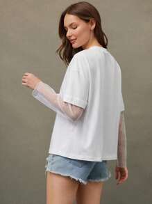 WESTFADE 圆领两件套撞色网眼圆点长袖超大上衣女牛仔风 - 白色 - 查看 4