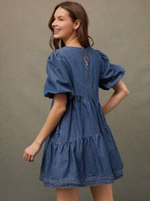 WESTFADE 泡泡袖荷叶边下摆牛仔迷你连衣裙 牛仔女装 - 中等水洗藍 - 查看 2