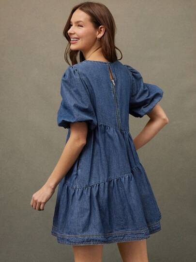 WESTFADE Vestido vaquero mini con mangas abullonadas y dobladillo con volantes