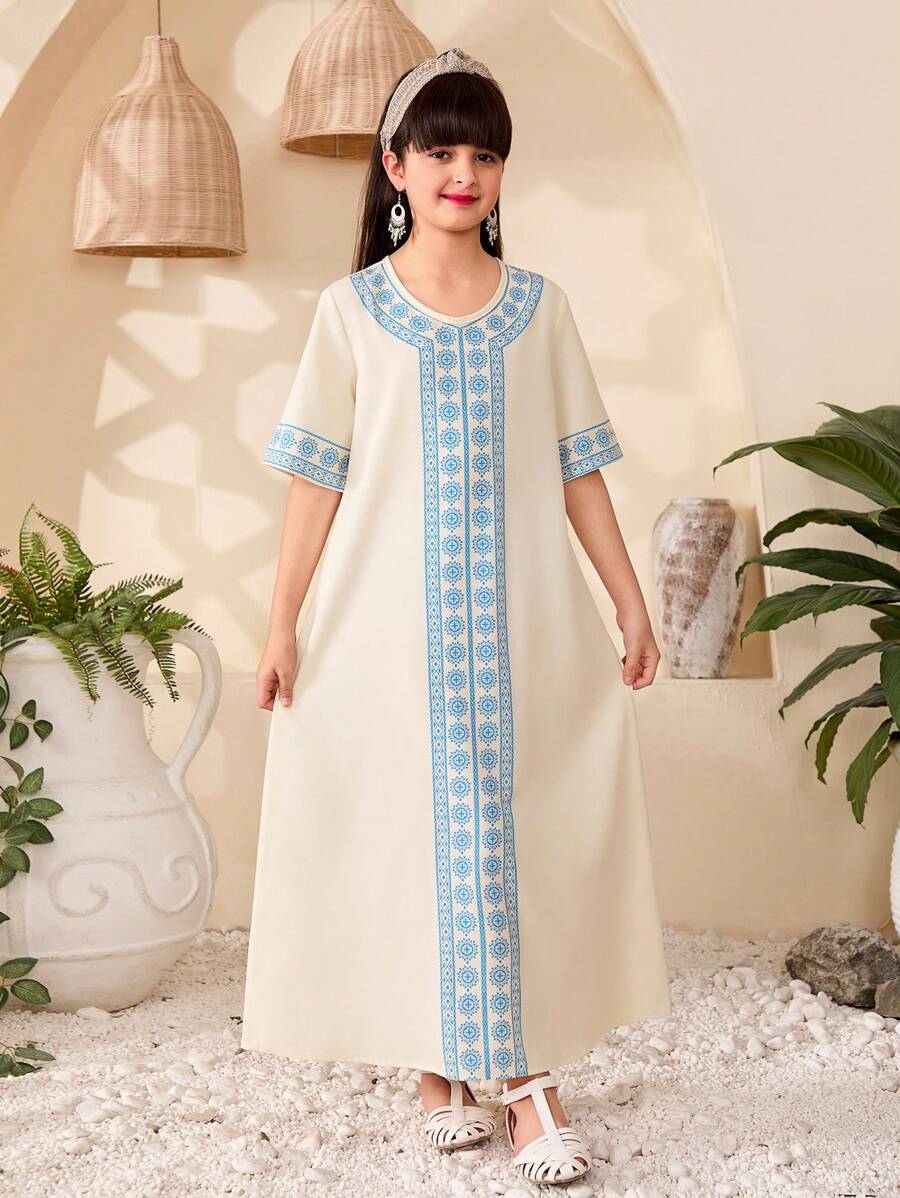 Tween Girl Retro Print Casual Dress For Tween Girls, Elegant - White - View 1