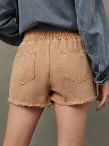 WESTFADE High Rise Smocked Elastic Waist Frayed Hem Relaxed Denim Shorts Summer Beach Vacation For Cowgirl - Mocha Brown - View 2