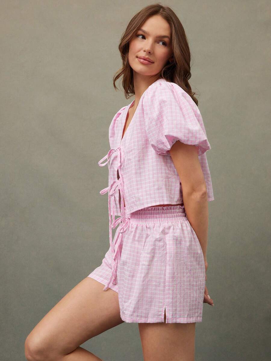 WESTFADE 女牛仔格子格子高腰蝴蝶结前部休闲荷叶边休闲短裤春假