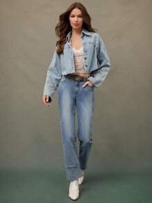 WESTFADE 夏季中腰宽松毛边直筒牛仔裤，适合女牛仔 - 藍色 - 查看 5