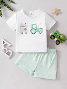 SHEIN Set de 2 piezas de pijama cómodo para niño/bebé: Camisa de manga corta con estampado verde a cuadros y de animales, y pantalones cortos - Verde - Ver 5