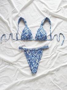 Soleia Conjunto de bikini con parches florales para mujer, en tono azul, para usar de vacaciones - Multicolor - Ver 7