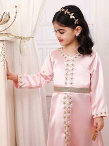 SHEIN Vestido de fiesta de manga larga de satén para niña, elegante en color rosa
