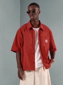 SUMWON Casual Oversized Button-Up Shirt Santa Cruz California Graphic Print Back Design Summer Beach Vacation Resort Wear Streetwear Statement Shirt - Red - View 2