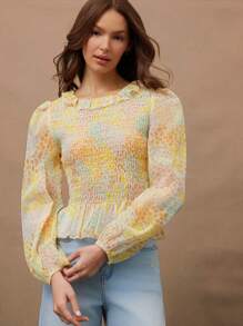 WESTFADE Spring Ditsy Floral Printed Woven Round Ruffle Neck Smocked Long Puff Sleeve Babydoll Top For Cowgirl - Multicolor - View 3