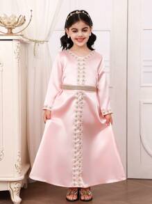 SHEIN Vestido de fiesta de manga larga de satén para niña, elegante en color rosa