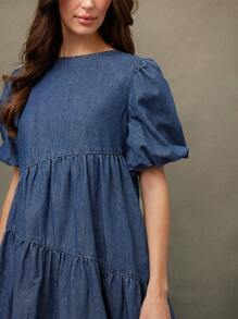 WESTFADE 泡泡袖荷叶边下摆牛仔迷你连衣裙 牛仔女装 - 中等水洗藍 - 查看 5