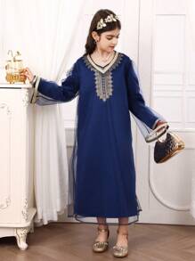 2 件套 Tween Girl 海军蓝网眼披肩和海军蓝长袖连衣裙，配金色饰边，优雅奢华的设计，适合派对、开斋节庆典 - 粉色 - 查看 5