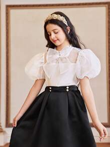 SHEIN Tween Girl 欧根纱白色短袖衬衫，带蝴蝶结装饰，适合派对和场合穿着 - 粉色 - 查看 5