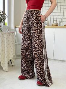 SHEIN Teen Girl Loose Casual Minimalist Comfortable Leopard Print Tie Belt Decorated Bow Casual Pants - Black - View 4