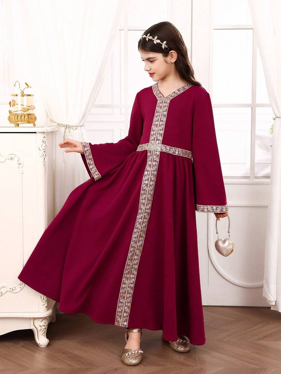 SHEIN Tween Girl Purple Long Sleeve Dress With Golden Trim & Ribbon Decor, Elegant For Occasions, Suitable For Holidays, Parties, Ramadan, Spring/Summer