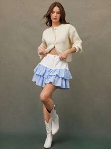 WESTFADE 混合面料格纹分层牛仔迷你裙 女式西式服装 - 白色 - 查看 2