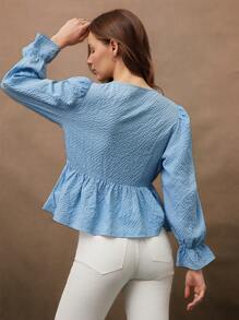 WESTFADE 可爱纹理格纹长款泡泡袖荷叶边系带上衣 90 年代服饰 - 淺藍色 - 查看 2