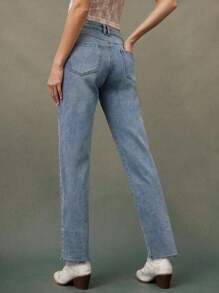 WESTFADE 夏季中腰宽松毛边直筒牛仔裤，适合女牛仔 - 藍色 - 查看 4