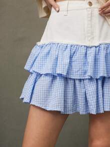 WESTFADE 混合面料格纹分层牛仔迷你裙 女式西式服装 - 白色 - 查看 3