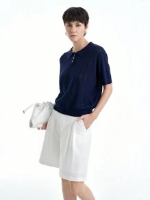 Aalyst 女士纯色镂空休闲 Polo 领短袖毛衣 - 寶藍色 - 查看 3