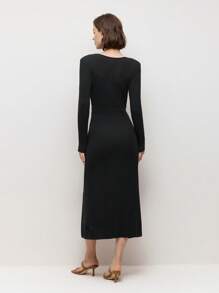 BizChic Black Elegant V-Neck Ruffle Metal Button Closure Long Sleeve Dress For Women, Spring/Summer