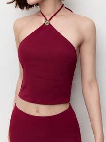 BizChic Red Elegant Women's Halter Long Top And Skirt Set, 2 Pieces, Suitable For Dates In Spring And Summer - Red - View 5