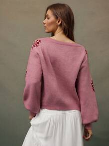 WESTFADE Spring Country Floral Jacquard Boat Neck Long Sleeve Knit Sweater - Multicolor - View 4