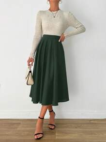 EURMUSE 純色百褶A字休閒裙 - 軍綠色 - 查看 5