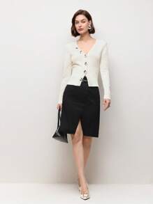 BizChic White Long Sleeve V-Neck Beaded Floral Decor Cardigan For Women, Suitable For Dates, Spring/Summer